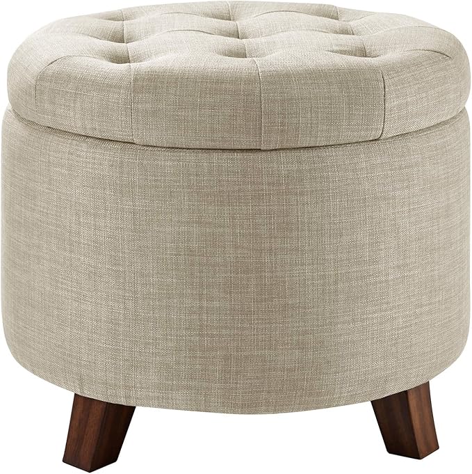 asics Round Storage Ottoman Foot Rest, Button Tufted Upholstered Footstool with Storage, Sturdy Linen Fabric for Living Room and Bedroom, 20" x 17", Beige